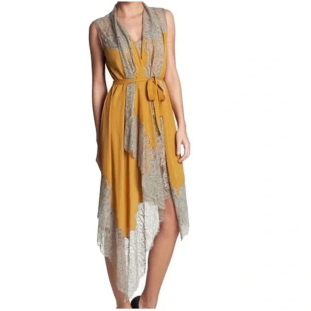 BCBGMaxAzria Mustard Yellow and Dove Grey Lace Midi Dress